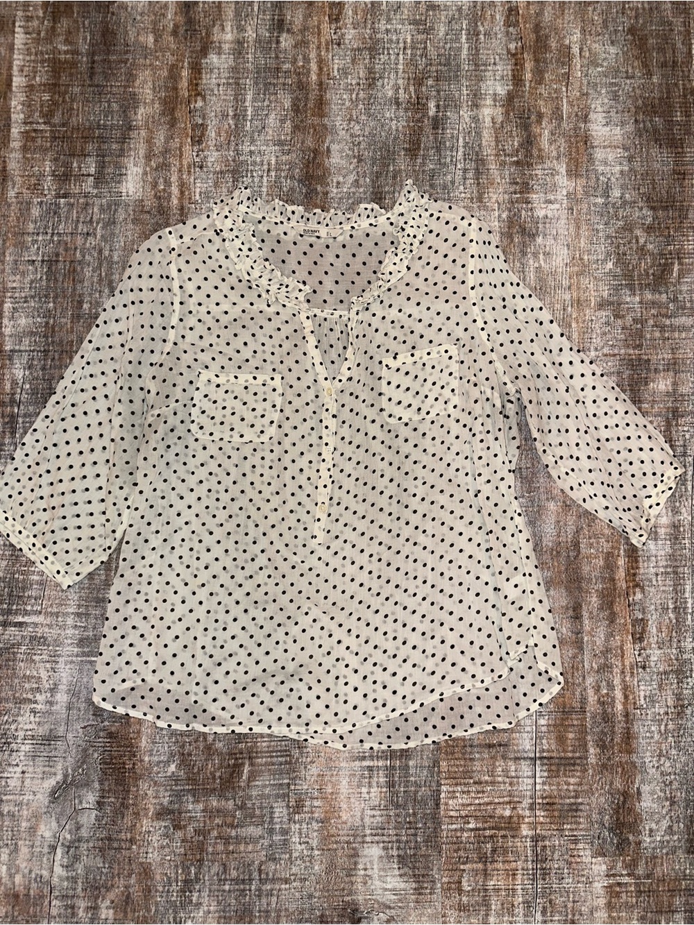 Old Navy Sheer Ivory Blouse with Black Polka Dots